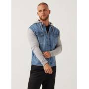  Solid denim trucker jacket with long sleeves and a hood, fig. 1 