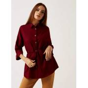  Solid Spread Collar Tunic with Belt Tie-Up Detail - Brown, fig. 1 