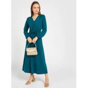  Solid Midi A-line Wrap Dress with V-neck and Tie-Ups - Blue, fig. 1 