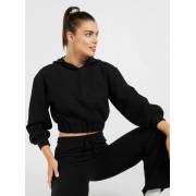  Solid Cropped Hooded Sweatshirt with Long Sleeves and Ruched Hem - Black, fig. 1 