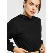  Solid Cropped Hooded Sweatshirt with Long Sleeves and Ruched Hem - Black, fig. 2 