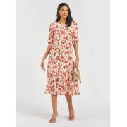  Floral Print Tiered Midi Dress with Round Neck and Waist Tie Up, fig. 2 