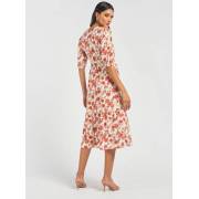  Floral Print Tiered Midi Dress with Round Neck and Waist Tie Up, fig. 4 