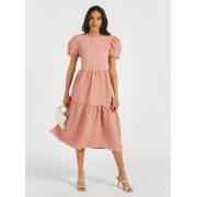  Textured Midi Tiered Dress with Puff Sleeves and Crew Neck, fig. 1 